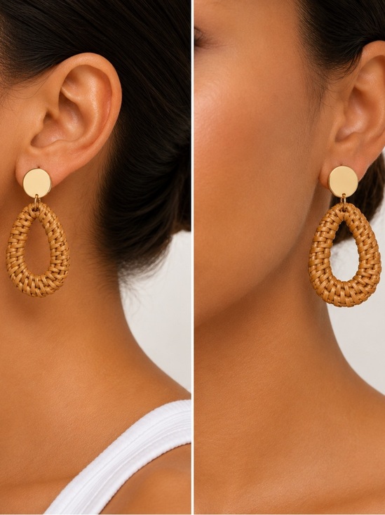 None Jewelry - Woven Teardrop Drop Earrings - Tan